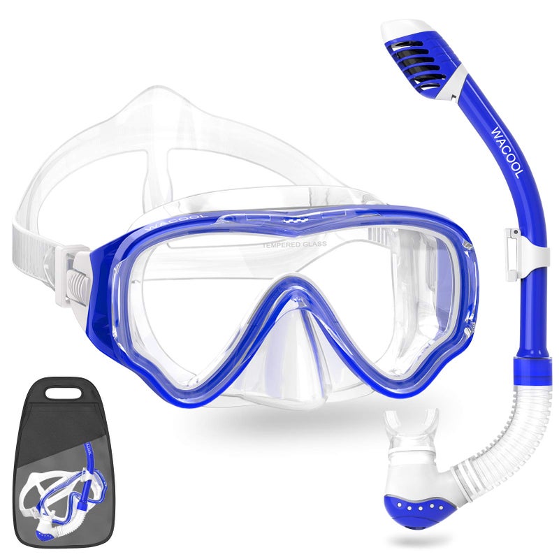WACOOL Snorkeling Snorkel Diving Scuba Package Set Gear for Kids Youth Junior Anti-Fog Coated Glass with Silicon Mouth Piece Purge Valve and Anti-Splash (DarkBlue) - Image 1